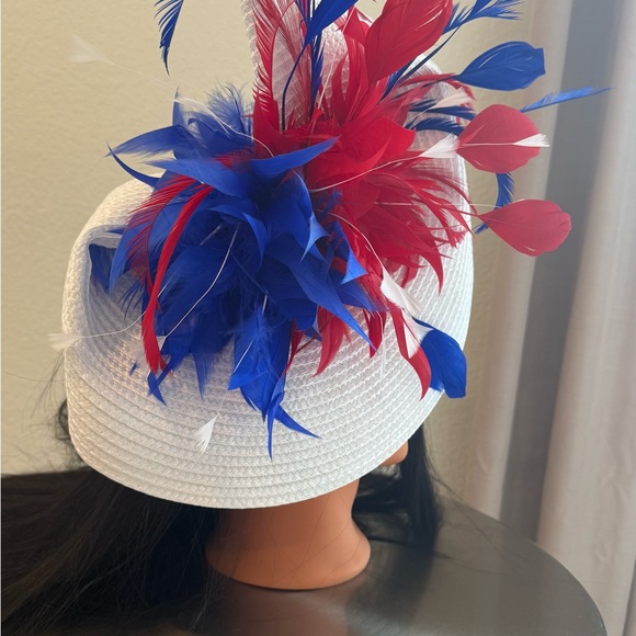 Vibrant White Hat with Red and Blue Feather Accents - Picture 3 of 4